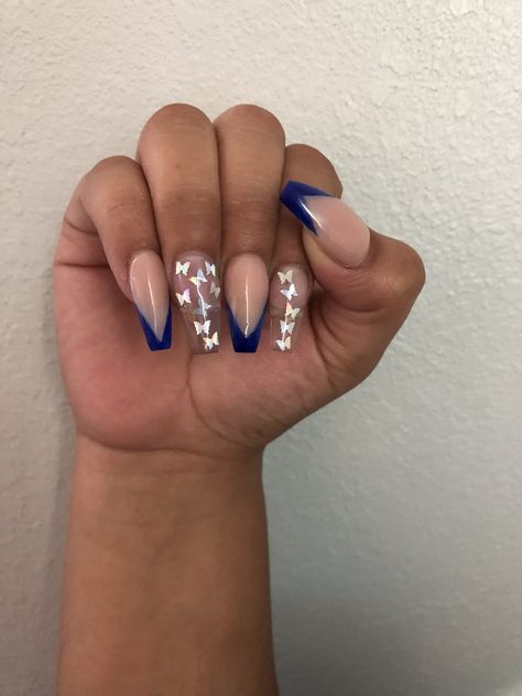 Blue tip nails and butterflies Blue Tip Nails, Nail Shape Chart, Royal Blue Quince, Quince Nails, Nails Butterfly, Shape Chart, Butterfly Nail Designs, Simple Butterfly, Blue Acrylic Nails