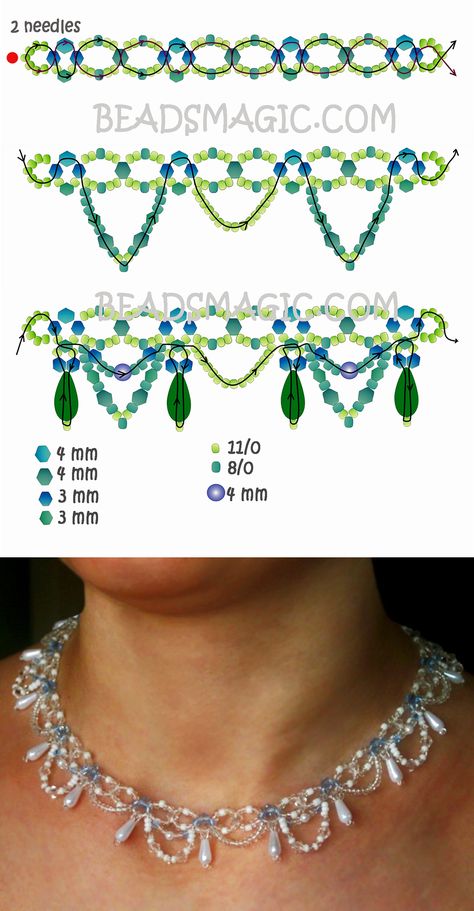 Free pattern for necklace Ameli | Beads Magic Beads Necklace Patterns, Necklace Beading Pattern, Pearl Beading Pattern, How To Beaded Jewelry, Diy Cute Necklaces, Necklace Bead Patterns, Beads Magic Free Pattern, Bead Jewellery Patterns, Necklace Made Of Beads