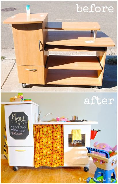 Hometalk | Old Desk Turned Play Kitchen Inside Fridge, Diy Muebles Ideas, Play Kitchens, Diy Play Kitchen, Fridge Door, Kids Kitchen, Play Kitchen, Upcycled Furniture, Kids' Room