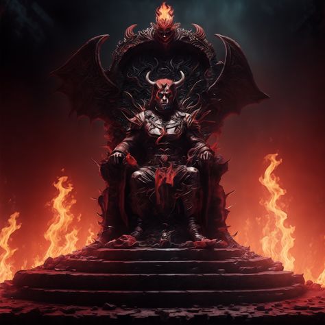 In this harrowing artwork, Satan, the malevolent ruler of Hell, presides from his maleficent throne amidst a blazing inferno. The throne itself is a grotesque testament to suffering, adorned with macabre carvings that speak of eternal torment. Demon Sitting On A Throne, King On Throne Art, Demon Throne, Devil King, Cthulhu Art, Anonymous Mask, Call Of Duty Zombies, Body Sketches, Dark Home Decor