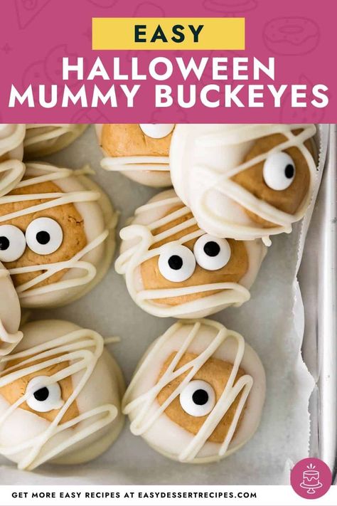 Buckeyes are a classic combination of peanut butter wrapped in chocolate. These spooky Halloween Buckeyes take that concept and make them fun and festive by turning them into candy mummies. Halloween Buckeyes Recipe, Halloween Buckeye Balls, Halloween Peanut Butter Balls, Halloween Buckeyes, Fall Desserts Thanksgiving, Chocolate Buckeyes, 1 Cookies, Buckeyes Recipe, Kid Friendly Dessert