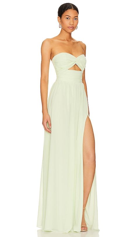 Katie May Adele Gown in Honeydew | REVOLVE Unique Simple Prom Dress, Sweet Heart Neckline Prom Dresses, Yellow Pastel Prom Dress, Cutout Formal Dress, Katie May Surreal Gown, Prom Dresses With Cutouts, Prom Dresses For Midsize, Floor Length Formal Dress, Semi Formal Maxi Dress