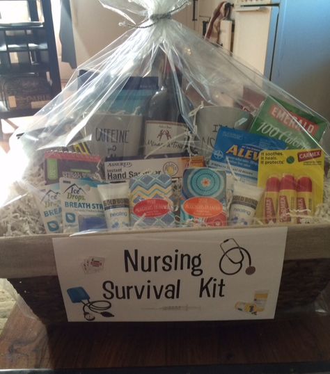 Nurse graduation gift basket! Everything a new nurse will need! Special nurse coffee mugs, wine, tissues, snacks, Chapstick, hand sanitizer and lotion, mini note pads, pens...and more! Nurse Graduation Gift Basket, Nursing Graduation Gift Ideas, Nursing Survival Kit, Emergency Nurses Week, Nurse Gift Baskets, Nurses Week Quotes, Graduation Gift Basket, Nursing School Graduation Party, Nurse Party