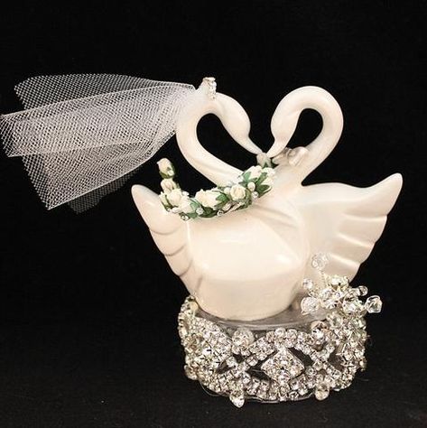 Swan and Rhinestone Cake Topper Anniversary Swan Cake Topper, Anniversary Topper, Hanging Cake, Swan Cake, Bling Wedding Cakes, Roses And Pearls, Unfrosted Cake, Miniature Roses, Wedding Cake Topper Figurines