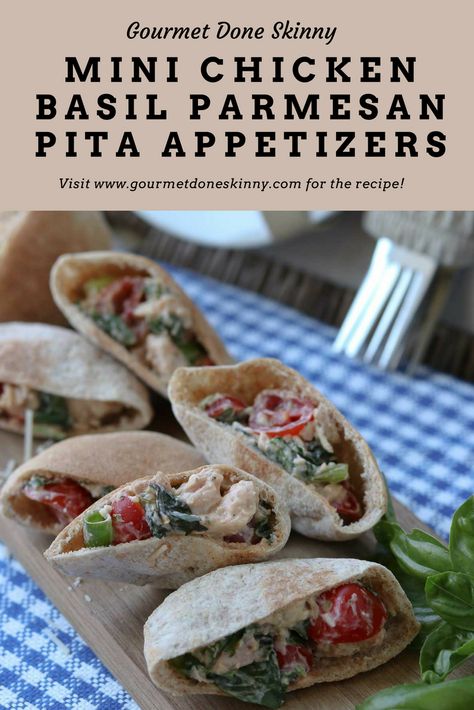 These Chicken Basil Parmesan Mini Pita Appetizers are super easy to make and definitely a crowd pleaser. #chickenbasilappetizer #freestyleappetizer #healthyappetizer #Gourmetdoneskinnywineconcertseries Pita Appetizers Mini, Mini Pitas Ideas, Mini Pita Recipes, Mini Pita Ideas, Pita Appetizers, Weight Watchers Pasta Recipes, Chicken Basil, Pita Pockets, Healthy Baked Chicken