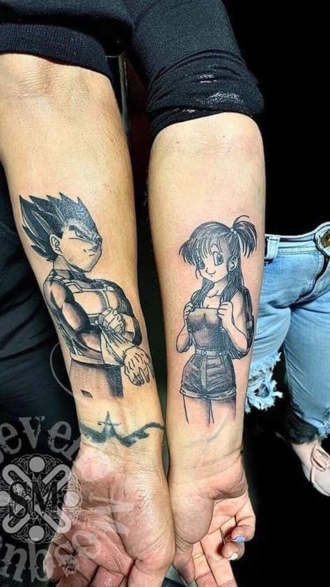 Vegeta Y Bulma Tattoo Pareja, 3d Dragon Tattoo, Dbz Tattoo, Geometric Line Tattoo, Character Tattoos, Couple Matching Tattoo, Tattoos With Kids Names, Dragon Ball Tattoo, Chicano Style Tattoo