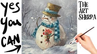 How To Paint Snowman, Paint Night At Home, Paint A Snowman, Xmas Paintings, Acrylics For Beginners, Snowman Paintings, Winter Paintings, Paint Tutorials, Art Sherpa