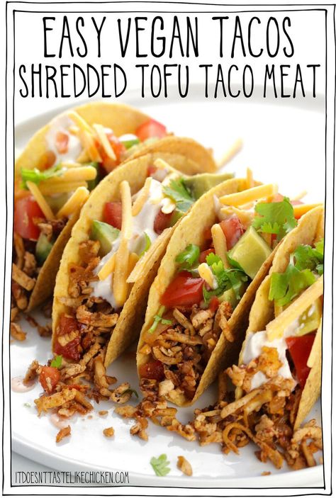 Easy Vegan Tacos: Shredded Tofu Taco Meat • It Doesn't Taste Like Chicken Vegan Taco Seasoning, Healthy Tofu Tacos, Grated Tofu Tacos, Vegan Taco Ideas, Vegetarian Street Tacos, Shredded Tofu Tacos, Tofu Tacos Recipes, Shredded Tofu Recipe, Grated Tofu