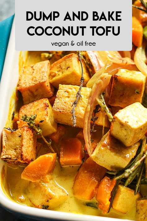 Dinner just got easier. This vegan dump and bake coconut tofu is flavorful and makes eating your veggies more enjoyable. Done in 30 minutes. #mealprep #easyrecipes #veganrecipes #plantbased #tofu #vegetariandinner Vegetarian Dump Recipes, Vegan Tofu Casserole, Vegan Weeknight Dinners, Veggie Heavy Dinner, Vegan Dump And Bake, Tofu Recipes Baked, Easy Tofu Recipes, Coconut Tofu, Vegan Oil Free