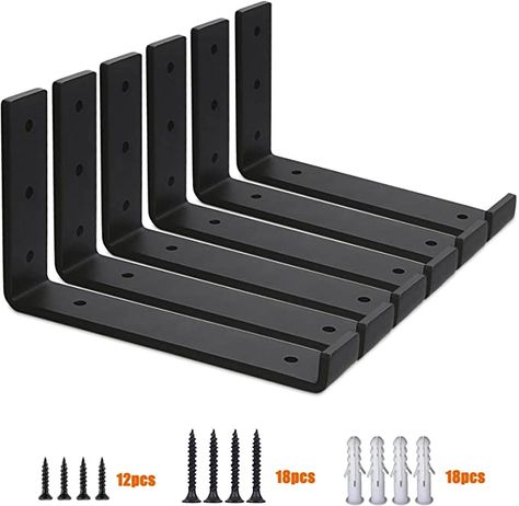 MLOQI Shelf Brackets Heavy Duty with Lip - 5mm Thick Antique L Shape Shelf Brackets, Industrial Scaffold Shelf Brackets Black 6 Pack (10"L x 6"H) : Amazon.co.uk: DIY & Tools Shelf Brackets Farmhouse, Diy Open Shelving, Home Shelves Ideas, L Shaped Shelves, Black Metal Shelf, Pipe Shelf Brackets, Black Shelf Brackets, Metal Floating Shelves, Heavy Duty Shelf Brackets