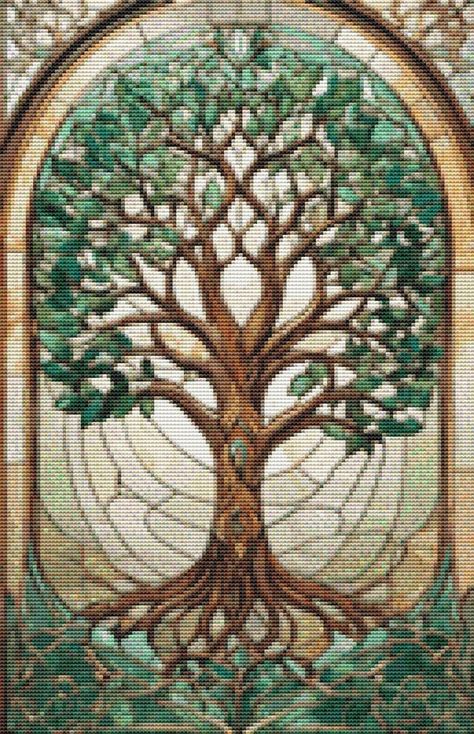 Stained Glass Tree Of Life Cross Stitch Pattern - avaloncrossstitch. Cross Stitch Pattern Stained Stained Glass Cross Stitch Patterns Free, Cross Stitch Stained Glass Patterns, Tree Of Life Cross Stitch, Stained Glass Tree Of Life, Stained Glass Cross Stitch, Stained Glass Tree, Fine Art Cross Stitch, Tree Cross Stitch, Stained Glass Cross