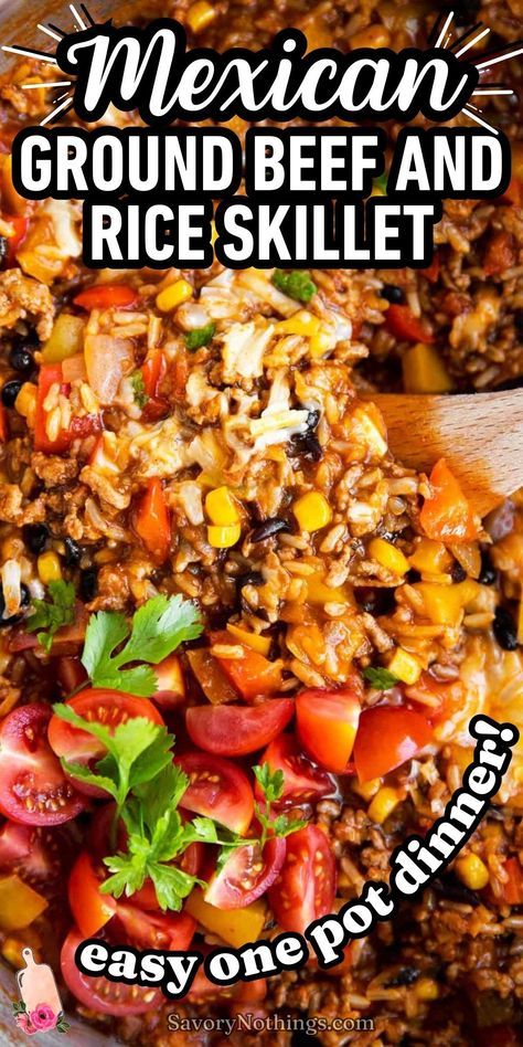 Need a super easy recipe for dinner tonight? My beef and rice skillet has you covered: One skillet, simple ingredients, 15 minutes of prep time… A keeper for sure! Mexican Food Recipes With Rice, Meals With Spanish Rice, Healthy One Skillet Meals, Hamburger Rice Skillet, Easy Skillet Meals Healthy, Beef Skillet Recipes, Spanish Rice Dinner, Spanish Rice Recipe With Ground Beef, Meals To Make With Ground Beef