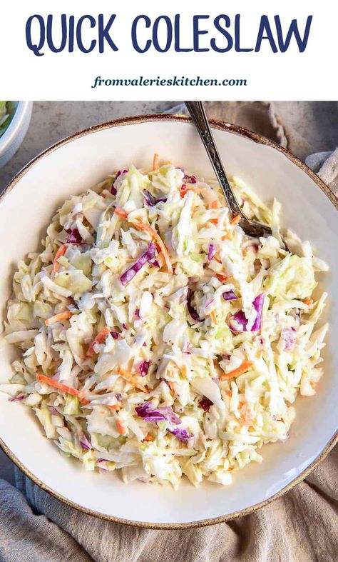 This Quick Coleslaw recipe combines bagged coleslaw mix with a creamy, tangy homemade dressing. A fresh and crunchy summer side dish that's ready in about 10 minutes! Quick Coleslaw Recipe, Quick Coleslaw, Coleslaw Recipes, Best Turkey Burgers, Easy Coleslaw, Coleslaw Recipe Easy, Slow Cooker Bbq Chicken, Summer Side Dish, Healthy Summer Desserts