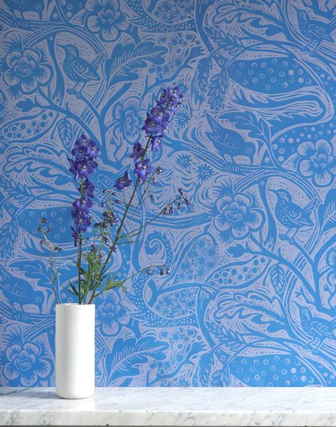 Children's dragon wallpaper in pale blue with dragons and a feisty boy in royal blue. Single Colour Wallpaper, Wren Wallpaper, Small Pattern Wallpaper, Foyer Wallpaper, Mark Hearld, Colour Wallpaper, Dragon Wallpaper, Paris Inspired, Stencil Pattern