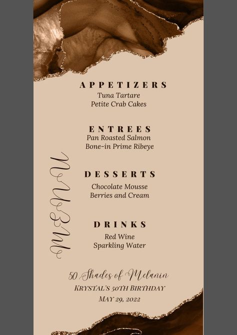 30th Birthday Dinner Menu Ideas, Brown Dinner Party Decor, Shades Of Brown Dinner Party, Home Birthday Dinner, Brown Birthday Theme Ideas, Different Shades Of Brown Party Decor, Birthday Menu Design, Party Menu Card, Party Menu Ideas Birthday