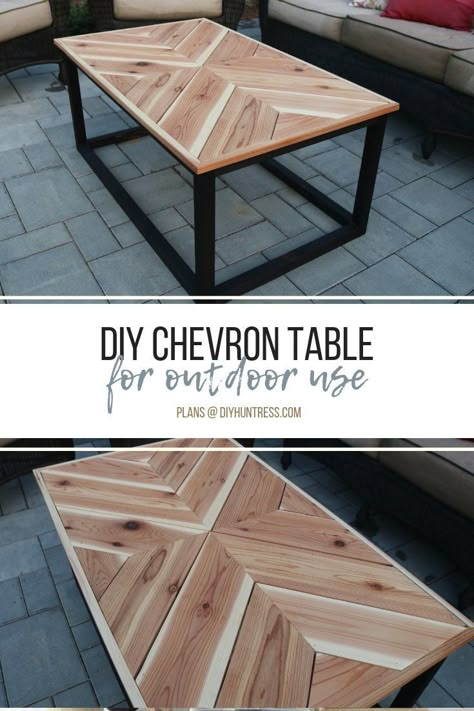 DIY Outdoor Chevron Coffee Table - DIY Huntress Diy Small Furniture, Woodworking Coffee Table, House Yard Ideas, Coffee Table Outdoor, Deck Inspiration, Apartment Remodel, Re Purpose, Decorate On A Budget, End Tables Diy