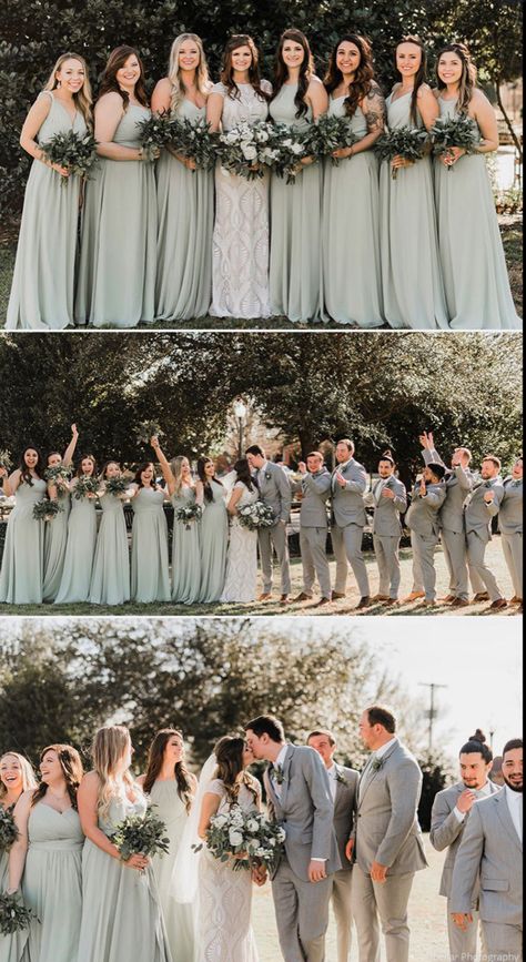 Maids- sage dresses with white shoes. Men- grey suits with white shirts and sage ties. Azazie Dusty Sage, Sage Green Bridesmaids, Dusty Sage Bridesmaid Dresses, Sage Green Bridesmaid Dresses, Sage Wedding Colors, Grey Tux, Sage Green Bridesmaid, Sage Green Wedding Colors, Bridesmaid Dresses Dusty Sage