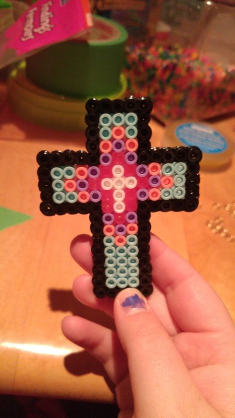 Cross Perler Bead Pattern, Perler Beads Cross, Christian Perler Bead Patterns, Cross Perler Beads, Christmas Perler Beads, Pony Bead Projects, Modele Pixel Art, Hamma Beads Ideas, Easy Perler Bead Patterns