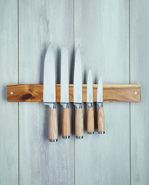 Natural Elements on Instagram: “Keep your knives accessible and save space with this magnetic knife holder crafted from beautiful acacia wood! ⁣⁣⁣⁣⁣⁣⁣⁣⁣⁣ Shop link in…” Knives On Wall, Wall Mounted Knife Holder, Live Edge Magnetic Knife Holder, Wooden Magnetic Knife Holder, Magnetic Knife Holder, Knife Rack, Kitchen Clutter, Magnetic Strip, Knife Holder