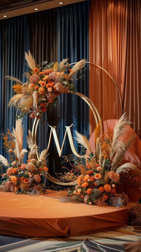 Wedding Colors Teal And Orange, Royal Wedding Centerpiece Ideas, African Wedding Centerpieces, Western Wedding Theme Ideas, Royal Blue And Orange Wedding Theme, Sunset Wedding Theme Decoration, Dark Teal And Rust Wedding, Navy Blue And Burnt Orange Wedding Cake, Copper Centerpiece Wedding