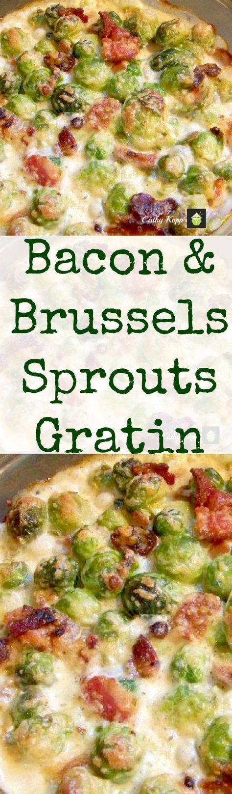 Bacon and Brussels Sprouts Gratin. Bacon, cheese and Brussels Sprouts all baked in a creamy sauce. Very easy recipe and of course absolutely delicious!  #Thanksgiving #Christmas | Lovefoodies.com Brussel Sprouts Gratin, Low Carb Veggie, Brussels Sprouts Gratin, Carb Sides, Keto Sides, Brussels Sprout, Delicious Thanksgiving, Pork Rinds, Veggie Side Dishes