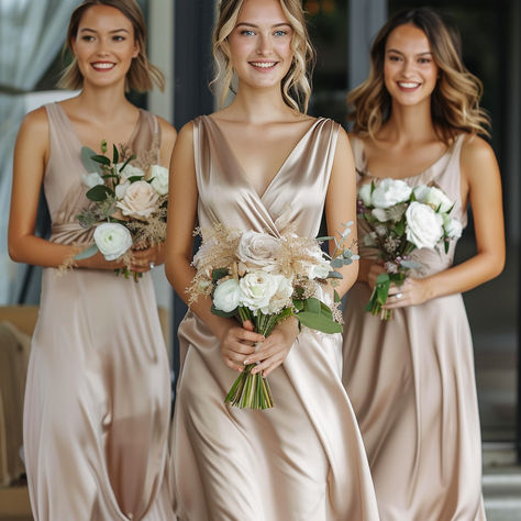 Discover your perfect bridesmaid dresses for a wedding at www.ENME.style! Bridesmaid Dresses Beige, Beige Gold Wedding, Champagne Gold Bridesmaid Dresses, Champagne Gold Dress, Dresses For A Wedding, Beige Bridesmaid Dress, Beige Bridesmaids, Duchess Dress, Neutral Bridesmaid Dresses