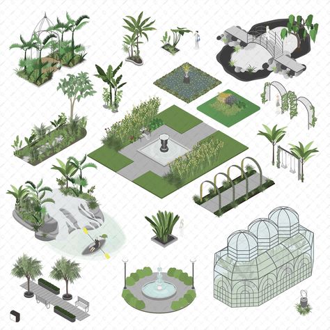 Axonometric Botanical Garden PNG - Toffu Co Axon Landscape Architecture, American Garden Style, Isometric Garden, Garden Drawings, Plant Furniture, Landscape Diagram, Plant Palette, Axonometric Drawing, Photoshop Software