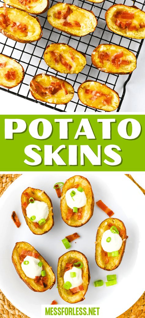 This Potato Skins Recipe is perfect for game day or any gathering. Crispy potato skins are filled with gooey cheese and bacon then topped with sour cream and great onions. Make a great appetizer or snack! Easy Potato Skins, Potato Skins Easy, Easy Potato Skins Recipe, Potato Skins Recipe, Crispy Potato Skins, Potatoe Skins Recipe, How To Make Potatoes, Potato Snacks, Classic Appetizers