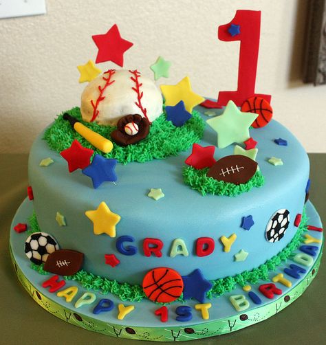 First Birthday Sports Cake by brucakes, via Flickr Sports Birthday Cakes, Sugar Free Icing, Sports Cake Topper, Sports Themed Cakes, Sports Theme Birthday, Sport Cakes, 1st Birthday Cakes, Sports Birthday, Childrens Birthday Cakes