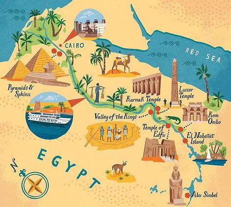 Ancient Egypt Map, Map Illustrations, Egypt Poster, Egypt Map, Egypt Culture, Illustrated Maps, Karnak Temple, Map Illustration, Art Deco Illustration