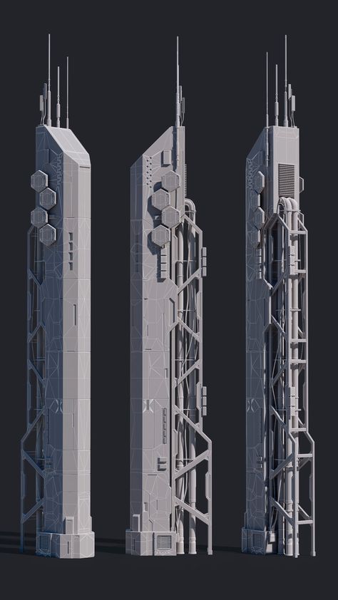 ArtStation - Sci-Fi Building 005 Industry Scifi Megastructure, Futuristic Skyscraper Concept, Sci Fi Architecture Concept, Future Building Concept, Sci Fi Minecraft, Sci Fi Facility, Sci Fi Tower, Sci Fi Factory, Minecraft Sci Fi Builds