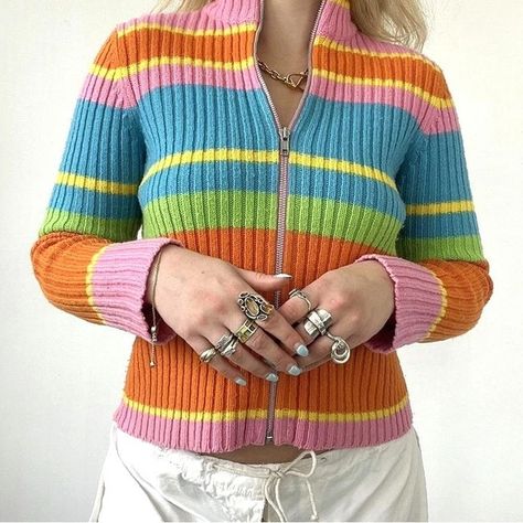 90s ribbed multicoloured rainbow zip up jumper Zip Up Jumper, Zip Ups, Jumper, Rainbow, Blazer, Zipper, Plus Fashion, Outfit Inspo, I Love