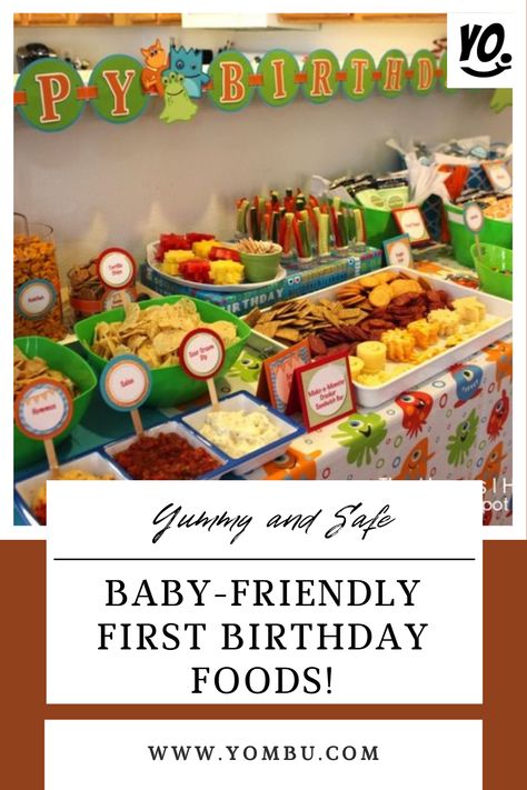 Planning a first birthday party and wondering what foods to serve? These baby-friendly options are sure to please even the pickiest of eaters! From applesauce to sandwiches, crackers to popsicles, there's something for everyone. Check out these ideas to ensure your little one's celebration is a hit! #FirstBirthday #BabyFriendlyFoods #PartyMenu #KidApproved #HealthyEating #YombuParty #PartyIdeas #birthday #inspiration #kidsparty #yombu 1st Birthday Snacks Ideas, 1st Birthday Lunch Ideas, First Birthday Party Lunch Ideas, Cheap First Birthday Food, 1 St Birthday Party Food Ideas, Food Ideas 1st Birthday Party, Party Food For One Year Old Birthday, Food 1st Birthday Party, 1st Birthday Party Menu Ideas