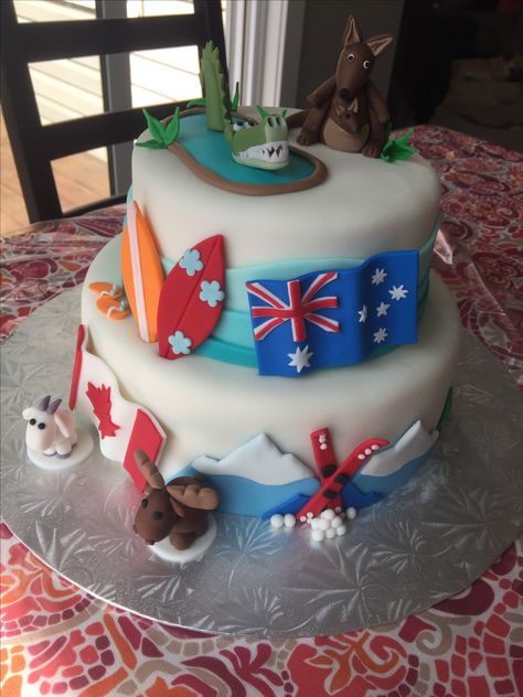 Canada/Australia cake Canada Cake, Australia Cake, Cake Themes, Gingerbread Ideas, Travel Cake, Themed Cakes, Cake Ideas, Cake Designs, Gingerbread