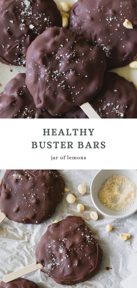 Two images of healthy buster bars Greek Yogurt Bites, Greek Yogurt Peanut Butter, Peanut Butter Protein Powder, Buster Bars, Greek Yogurt Dessert, Frozen Yogurt Pops, Greek Yogurt And Peanut Butter, Frozen Yogurt Bar, Frozen Yogurt Bites