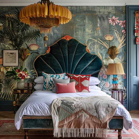 27 Fusion Bedrooms Blending Eclectic Aesthetics Seamlessly Modern And Eclectic Decor, Unique Airbnb Interior, Haute Eclectic Interior, Art Deco Bed Headboard, Bold Eclectic Bedroom, Eclectic Headboard Ideas, Unique Bedroom Colors, Creative Airbnb Ideas, Eclectic Interior Bedroom