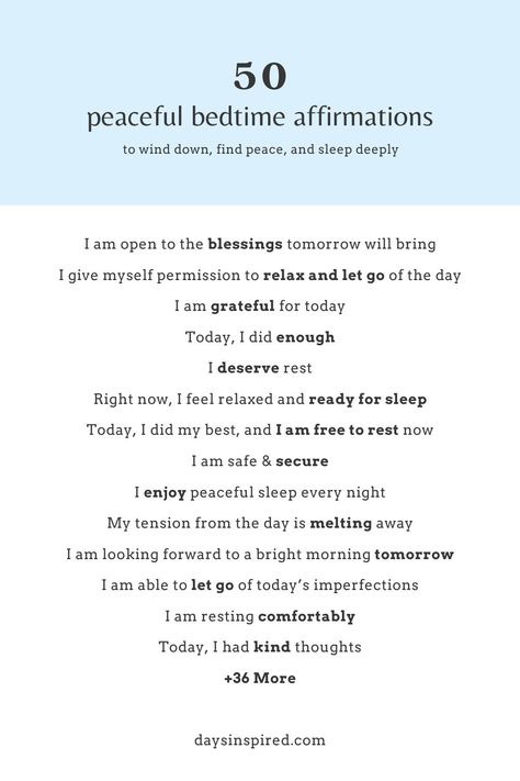 These 50 night affirmations will help you get a good night's sleep. Bedtime affirmations are affirmations that specifically help us have a good night, relax, and fall asleep so that we can enjoy sweet dreams and wake up in the morning feeling positive. I’ve compiled 50 inspirational night affirmations that can help us achieve restful sleep through the law of attraction. By doing so, we can release the burdens of the day and be in control of our thoughts Positive Goodnight Affirmations, Night Time Christian Affirmations, Night Affirmations Before Sleep Law Of Attraction, Sleep Affirmations Sweet Dreams, Bedtime Affirmations Sleep, Night Time Positive Affirmations, Affirmations Night Routine, How To Have Good Dreams, Sleep Affirmations Night