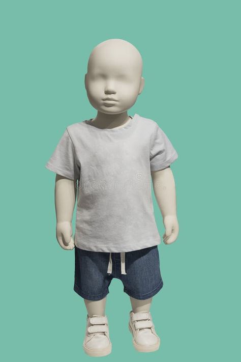 Full length child mannequin stock image Child Mannequin, Display Mannequins, Blue Denim Shorts, Blue Sneakers, Green Background, Green Backgrounds, Gray Tshirt, Girls Tshirts, A Child