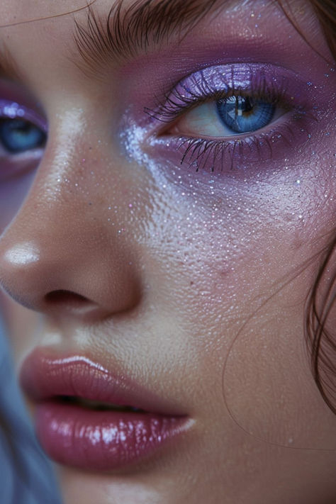 Purple Watercolor Wash Eyeshadow Ideas For Purple Purple Avant Garde Makeup, Lavender Haze Makeup Look, Purple Monochromatic Makeup, Pastel Purple Makeup, Iridescent Makeup Looks, Violet Makeup Look, Purple Mermaid Aesthetic, Purple Fairy Makeup, Lilac Eyes