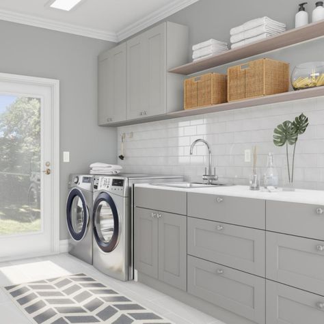 Gracious Gray Laundry Room – Laundry Room – The Home Depot Home Depot Laundry Room Cabinets, White And Grey Laundry Room, Grey And White Laundry Room, Gray Laundry Room Ideas, Grey Laundry Room Ideas, Laundry Colours, Gray Laundry Room Cabinets, Grey Laundry Room, Ikea Laundry Room Cabinets