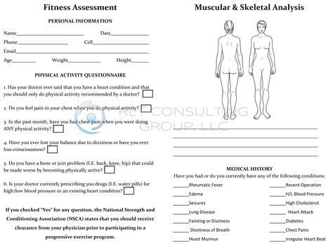 Fitness Assessment Form for Women (front) by RLT Consulting Group, LLC. Physical Fitness Assessment Form, Fitness Assessment Form, Pain Assessment, Ace Fitness, Month Workout Challenge, Personal Training Business, Body Diagram, Personal Fitness Trainer, Personal Training Studio