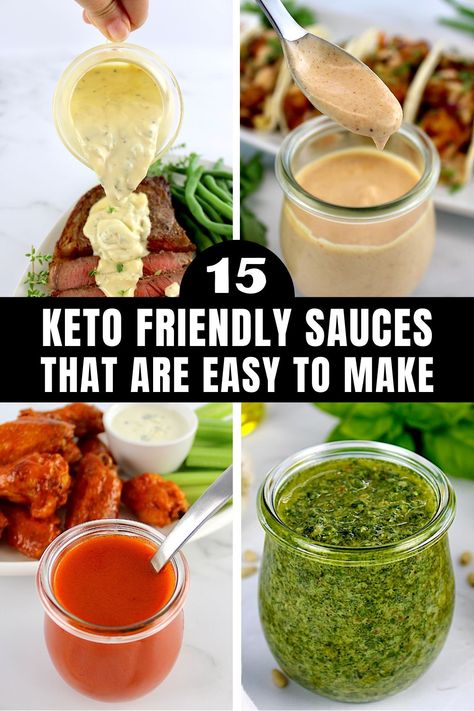 These Keto friendly sauces are so tasty and have no unhealthy ingredients. Use them with a variety of meals to add great flavor to them. They're so easy to make, you won't believe you made them yourself! Cheese Sauce For Steak, Healthy Low Calorie Dinner, Shrimp Dipping Sauce, Easy Hollandaise Sauce, Easy Peanut Sauce, Homemade Pesto Sauce, Peanut Sauce Recipe, Keto Sauces, Blue Cheese Sauce