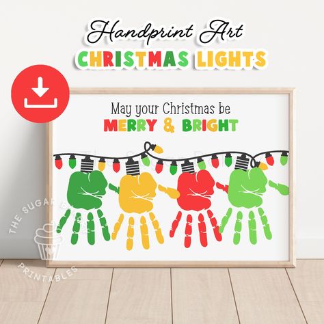 Art Preschool Activities, Christmas Lights Craft, Yellow Christmas Lights, Christmas Handprint Art, Hand Print Tree, Christmas Handprint, Yellow Christmas, Art Preschool, Handprint Christmas