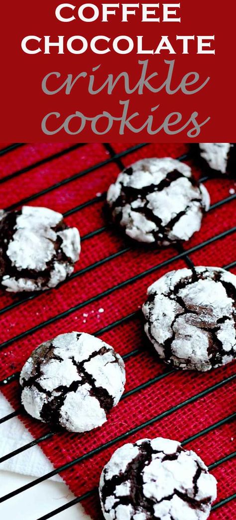 The flavor of chocolate cookie dough is heightened with the addition of espresso to create these coffee chocolate crinkles. Perfect for a Cookie Exchange, Holiday Party, or Christmas desserts too. Chocolate Peanut Butter Desserts, Chocolate Crinkle, Short Bread, Chocolate Cookie Dough, Chocolate Crinkle Cookies, Chocolate Crinkles, Coffee Cookies, Peanut Butter Desserts, Coffee Chocolate