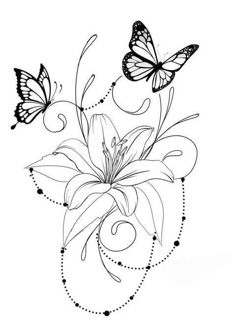 Water Lily Tattoo With Butterfly, Wrist Tattoos For Women Template, Lily With Butterfly Tattoo, Butterfly And Lily Tattoo, Lily And Butterfly Tattoo, Libra Flower Tattoo, Drawing Ideas Tattoo, Tiger Lily Tattoos, Water Lily Tattoos