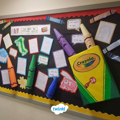 The Day the Crayons Quit  Display! We love Amanda's character display, it makes a perfect classroom addition to support teaching of the popular book! Check out our "The Day the Crayons Quit" guided reading resources.   #thedaythecrayonsquit #books #literature #display #classroomdisplay #crayons #displaywall #twinkl #twinklresources Writing Classroom Display, The Day The Crayons Quit Bulletin Board, Character Classroom Theme, Book Character Themed Classroom, Nursery Display Boards, Primary Classroom Displays, Holiday Classroom Doors, Crayon Classroom, Colourful Classroom