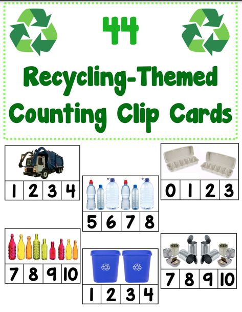 44 recycling-themed counting clip cards designed to help students practice counting objects in different arrangements from 1-10. The set features photographs of real recyclable objects and recycling symbols. An excellent addition to the Creative Curriculum Reduce, Reuse, Recycle study, or any recycling theme. Creative Curriculum Reduce Reuse Recycle, Recycle Preschool, Counting Clip Cards, Color By Number Printable, Counting Objects, Recycle Symbol, Preschool Centers, Creative Curriculum, Reduce Reuse Recycle