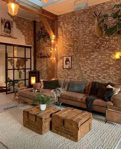 Rustic Living Room Decorating Ideas, House Beautiful Living Rooms, Industrial Style Living Room, Inviting Living Room, Brick Interior, Industrial Home Design, Living Room Decor Rustic, Living Room Decorating Ideas, Living Room Decorating