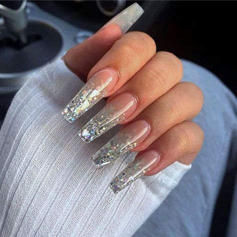 Clear Glitter Nails, Glitter Tip Nails, Clear Acrylic Nails, Ombre Nails Glitter, Bling Acrylic Nails, Clear Nails, Crystal Nails, Coffin Nails Designs, Nail Polishes