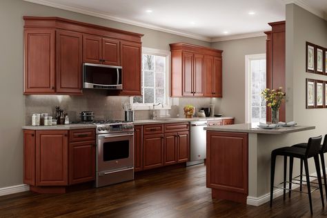 Basement Cabinets, Cherry Kitchen Cabinets, Cherry Wood Kitchen Cabinets, Flooring Colors, Cherry Wood Kitchens, Stained Cabinets, Wood Kitchens, Best Wall Colors, Cherry Wood Cabinets